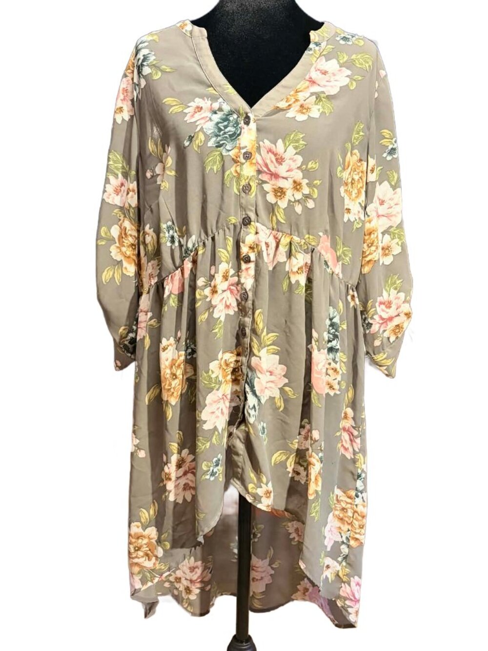 TORRID grey floral hi-low semi-sheer blouse